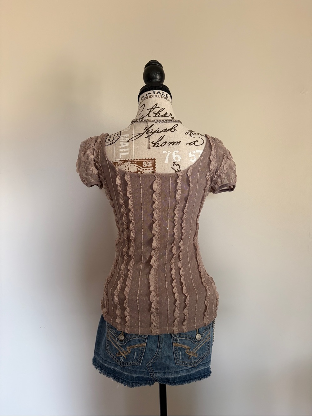 Y2K Light Brown Fairycore Puff Sleeve Swiss Dot Ruffle Lace Top - Picture 3 of 11